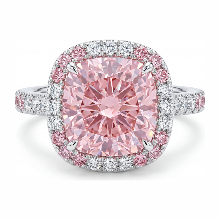 Bague pour Femme en Or Blanc 14K avec Diamant Rose de Laboratoire 6 Carats Coussin Double Halo