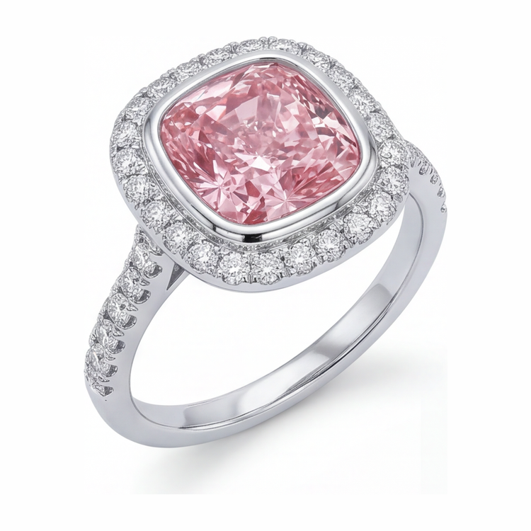 Bague en diamant rose de laboratoire 6 carats taille coussin avec Halo pavé en Or Blanc 14 carats