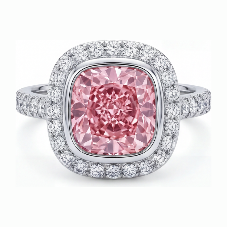 Bague en diamant rose de laboratoire 6 carats taille coussin avec Halo pavé en Or Blanc 14 carats