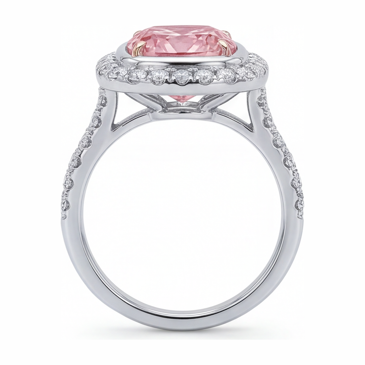 Bague en diamant rose de laboratoire 6 carats taille coussin avec Halo pavé en Or Blanc 14 carats