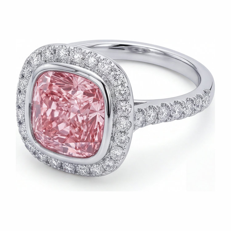 Bague en diamant rose de laboratoire 6 carats taille coussin avec halo pavé en or blanc 14 carats