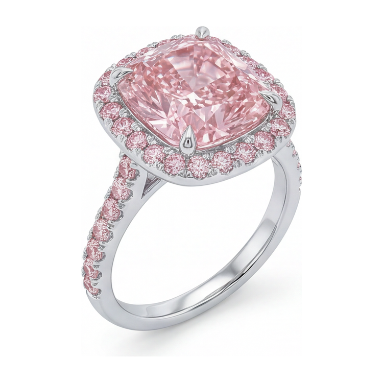 Bague de Fiançailles Diamant Rose de laboratoire 6 Carats Coussin Halo Pavé en Or Blanc 14K