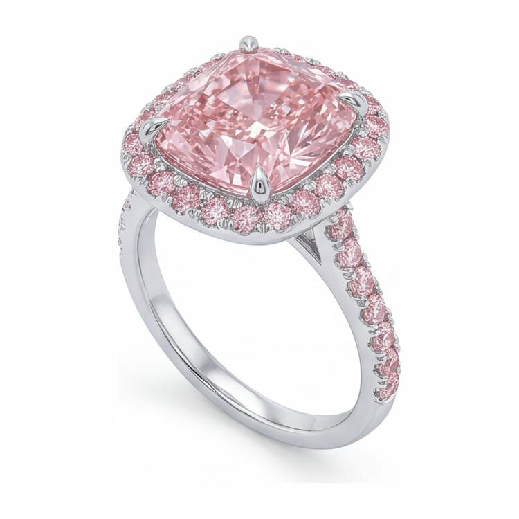 Bague de Fiançailles Diamant Rose de laboratoire 6 Carats Coussin Halo Pavé en Or Blanc 14K