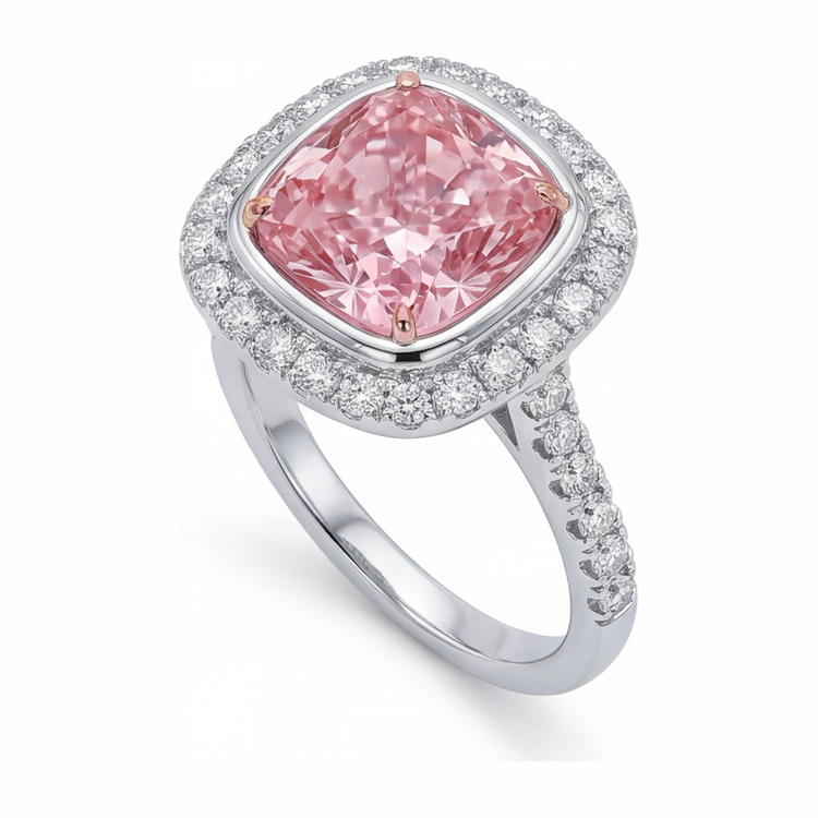 Bague en diamant rose de laboratoire 6 carats taille coussin avec Halo pavé en Or Blanc 14 carats