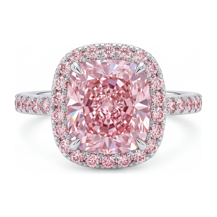 Bague de Fiançailles Diamant Rose de laboratoire 6 Carats Coussin Halo Pavé en Or Blanc 14K