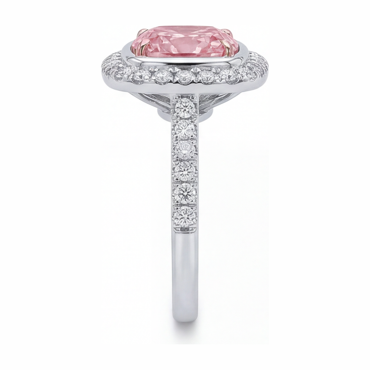 Bague en diamant rose de laboratoire 6 carats taille coussin avec Halo pavé en Or Blanc 14 carats