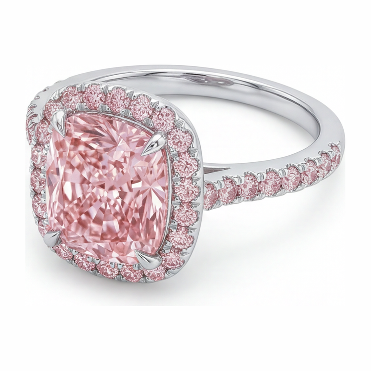 Bague de Fiançailles Diamant Rose de laboratoire 6 Carats Coussin Halo Pavé en Or Blanc 14K