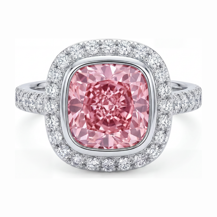 Bague en diamant rose de laboratoire 6 carats taille coussin avec Halo pavé en Or Blanc 14 carats