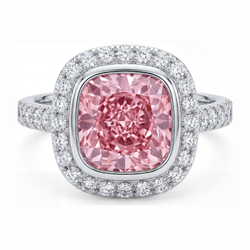 Bague en diamant rose de laboratoire 6 carats taille coussin avec halo pavé en or blanc 14 carats