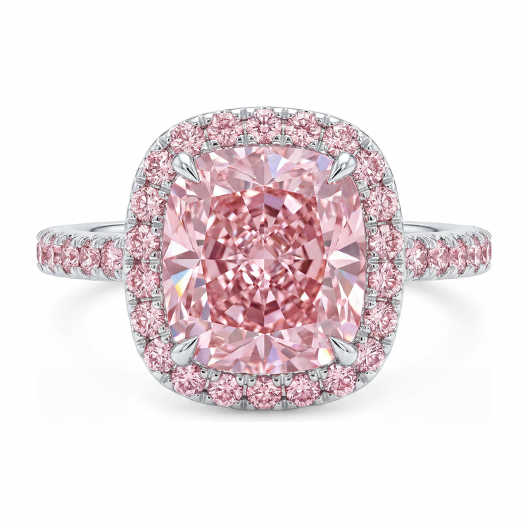 Bague de Fiançailles Diamant Rose de laboratoire 6 Carats Coussin Halo Pavé en Or Blanc 14K