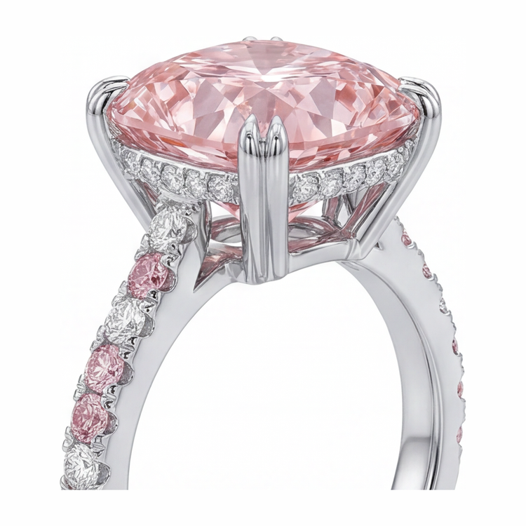 Bague en diamant rose de laboratoire 6 carats taille coussin pavée en Or Blanc 14 carats