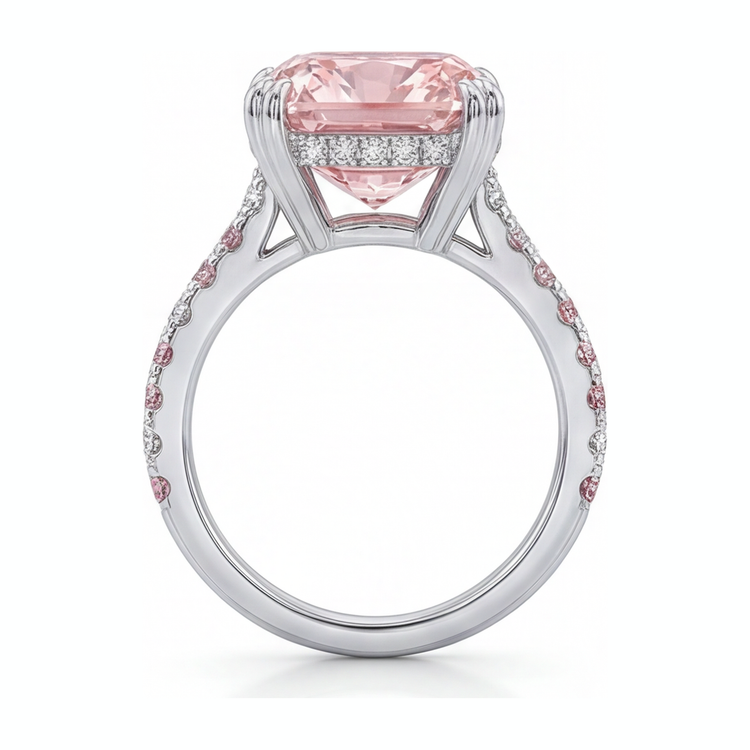 Bague diamant rose de laboratoire 6 carats taille coussin pavée en Or Blanc 14 carats