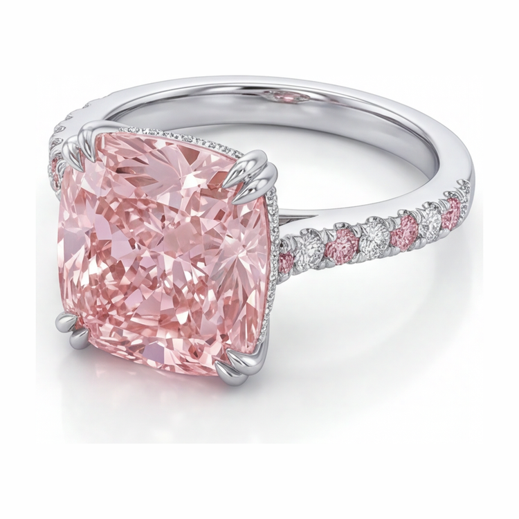 Bague en diamant rose de laboratoire 6 carats taille coussin pavée en Or Blanc 14 carats