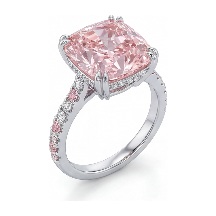 Bague diamant rose de laboratoire 6 carats taille coussin pavée en Or Blanc 14 carats