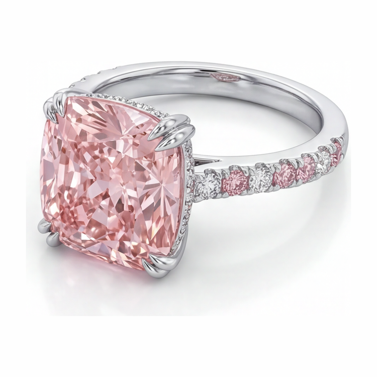 Bague diamant rose de laboratoire 6 carats taille coussin pavée en Or Blanc 14 carats