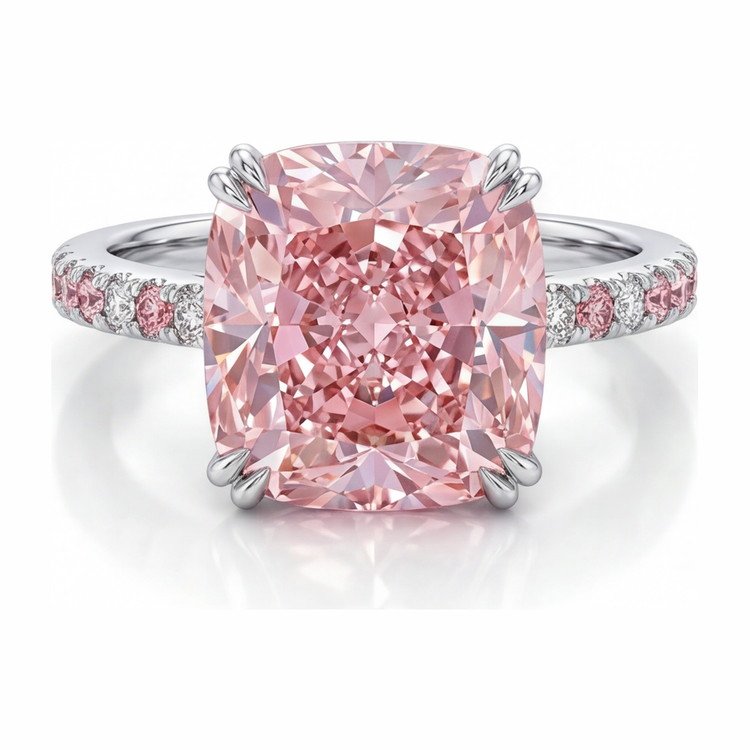 Bague diamant rose de laboratoire 6 carats taille coussin pavée en Or Blanc 14 carats