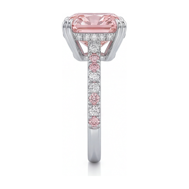 Bague en diamant rose de laboratoire 6 carats taille coussin pavée en Or Blanc 14 carats
