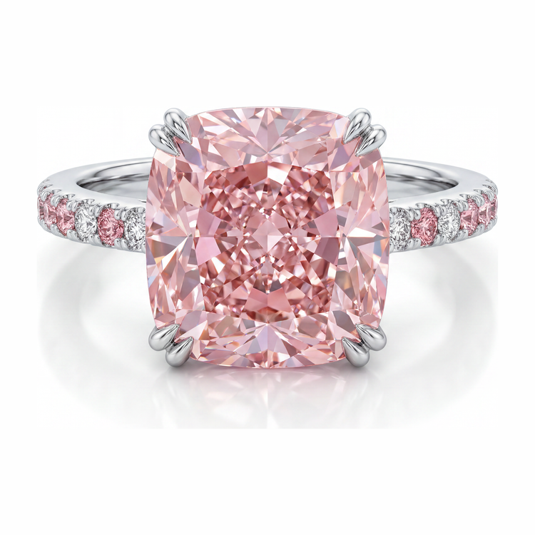 Bague en diamant rose de laboratoire 6 carats taille coussin pavée en Or Blanc 14 carats