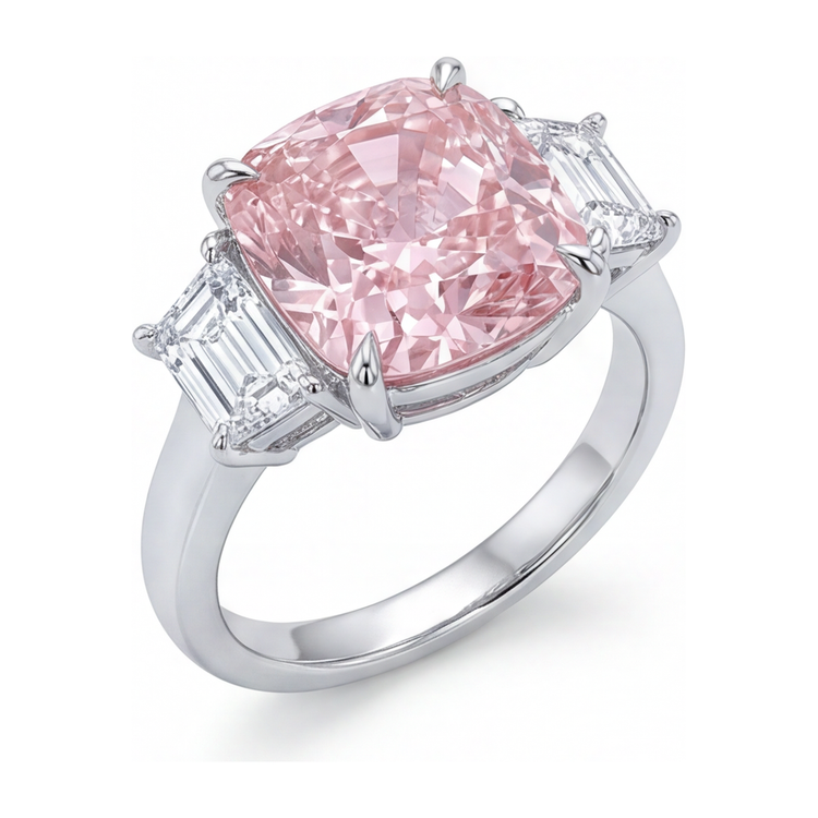 Bague de Fiançailles Trois Pierres en Or Blanc 14 carats avec Diamant Coussin Rose de laboratoire 6 Carats