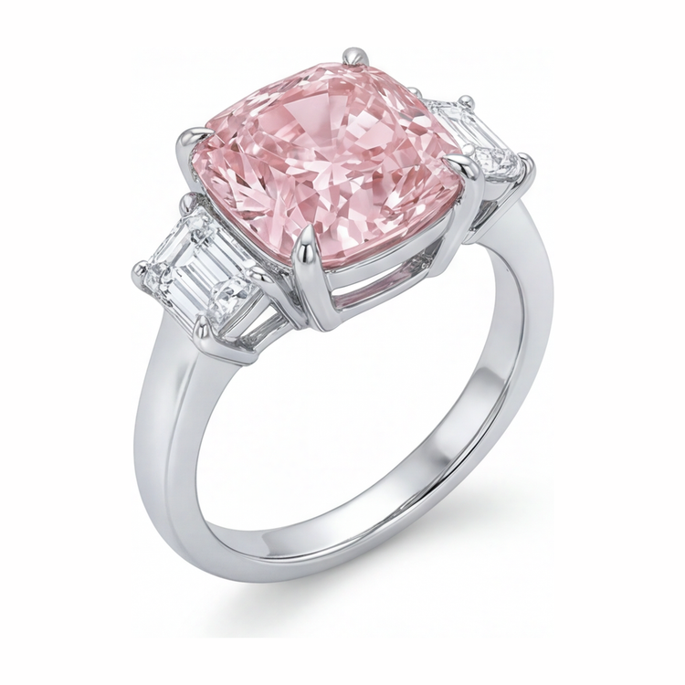 Bague de Fiançailles Rose Diamant Coussin de Laboratoire 6 Carats Trois Pierres Or Blanc 14 Carats