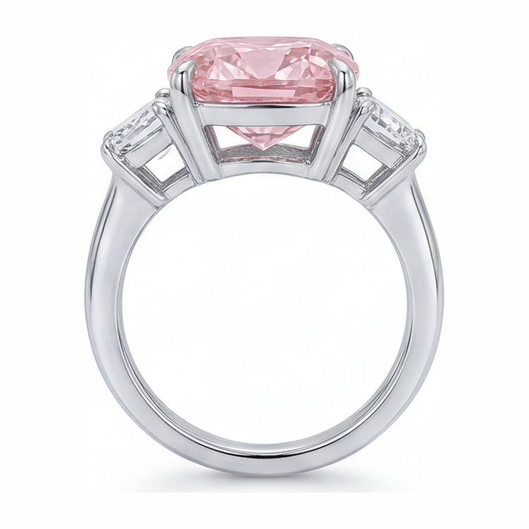 Bague de Fiançailles Rose Diamant Coussin de Laboratoire 6 Carats Trois Pierres Or Blanc 14 Carats