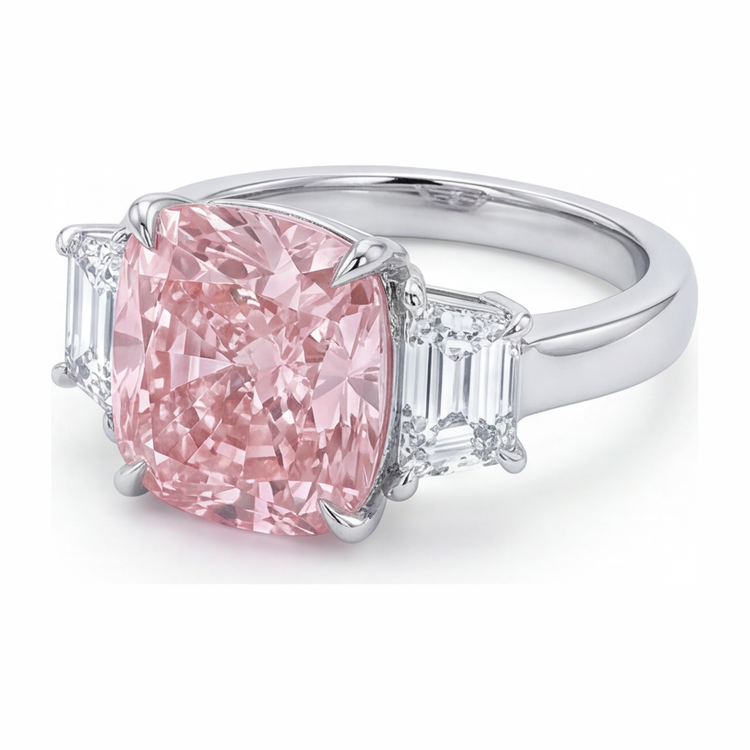Bague de Fiançailles Trois Pierres en Or Blanc 14 carats avec Diamant Coussin Rose de laboratoire 6 Carats