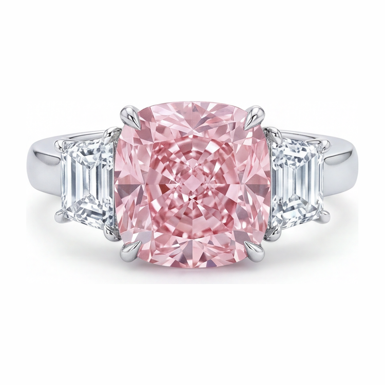 Bague de Fiançailles Trois Pierres en Or Blanc 14 carats avec Diamant Coussin Rose de laboratoire 6 Carats