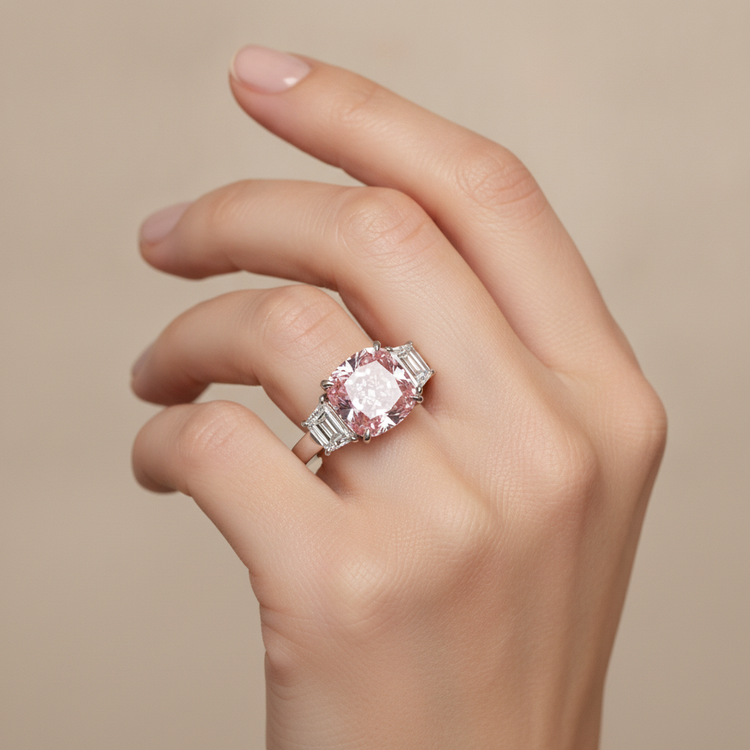 Bague de Fiançailles Trois Pierres en Or Blanc 14 carats avec Diamant Coussin Rose de laboratoire 6 Carats