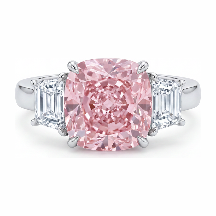 Bague de Fiançailles Rose Diamant Coussin de Laboratoire 6 Carats Trois Pierres Or Blanc 14 Carats