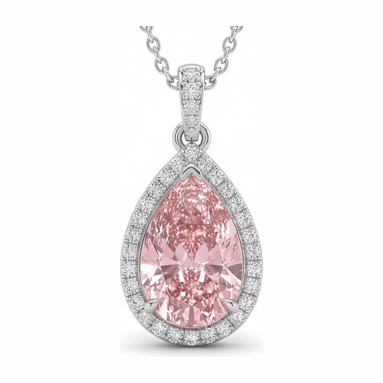Pendentif Halo en Or Blanc 14 carats avec Diamant Rose de laboratoire taille Poire 6 carats