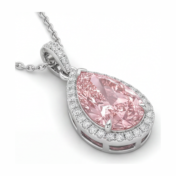 Pendentif Diamant Rose de Laboratoire 6 Carats Taille Poire Halo Or Blanc 14 Carats