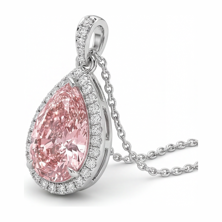 Pendentif Diamant Rose de Laboratoire 6 Carats Taille Poire Halo Or Blanc 14 Carats