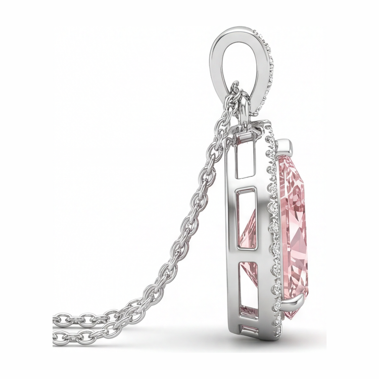 Pendentif Halo en Or Blanc 14 carats avec Diamant Rose de laboratoire taille Poire 6 carats