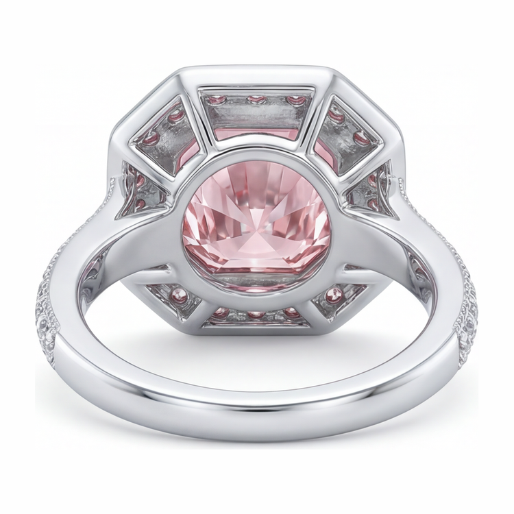 Bague de Fiançailles avec Pierre Précieuse Rose, Diamant de Laboratoire Taille Radiant 6 Carats et Halo en Or Blanc 14 Carats