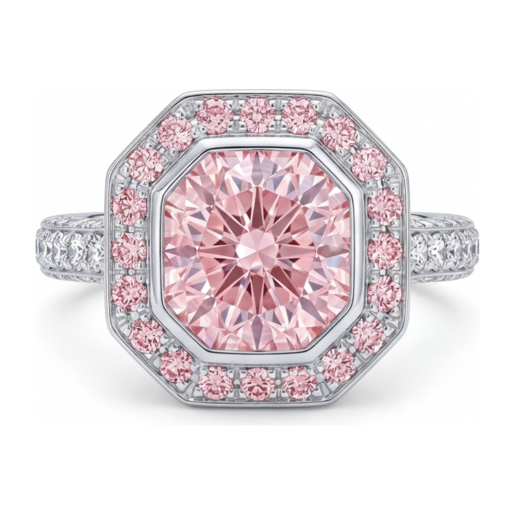 Bague de Fiançailles en Or Blanc 14 carats avec Pierre Précieuse Rose, Diamant Radiant de Laboratoire de 6 Carats et Halo