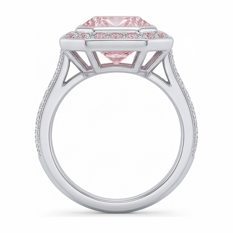 Bague de Fiançailles avec Pierre Précieuse Rose, Diamant de Laboratoire Taille Radiant 6 Carats et Halo en Or Blanc 14 Carats