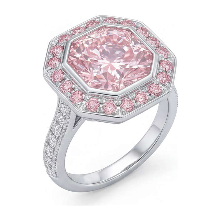 Bague de Fiançailles avec Pierre Précieuse Rose, Diamant de Laboratoire Taille Radiant 6 Carats et Halo en Or Blanc 14 Carats