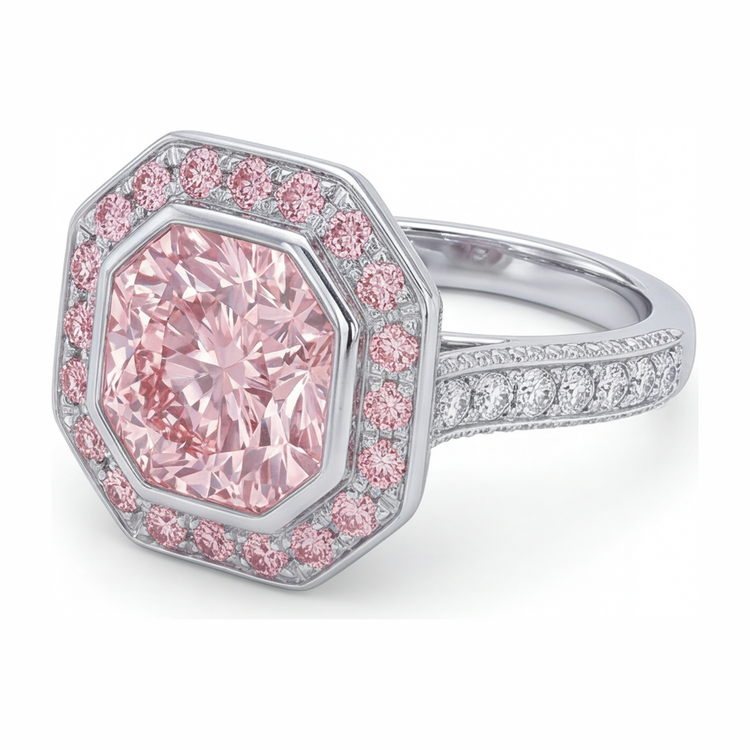 Bague de Fiançailles en Or Blanc 14 carats avec Pierre Précieuse Rose, Diamant Radiant de Laboratoire de 6 Carats et Halo