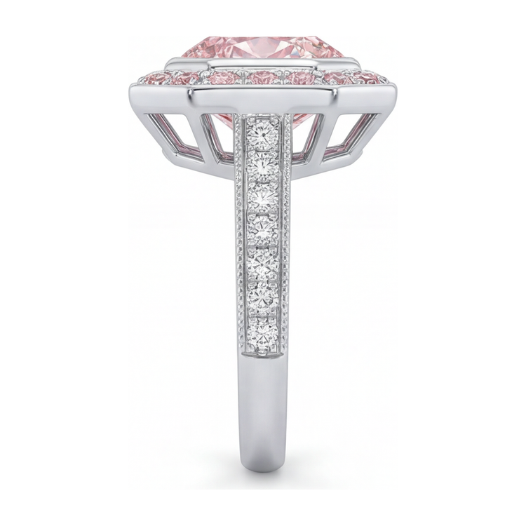 Bague de Fiançailles en Or Blanc 14 carats avec Pierre Précieuse Rose, Diamant Radiant de Laboratoire de 6 Carats et Halo