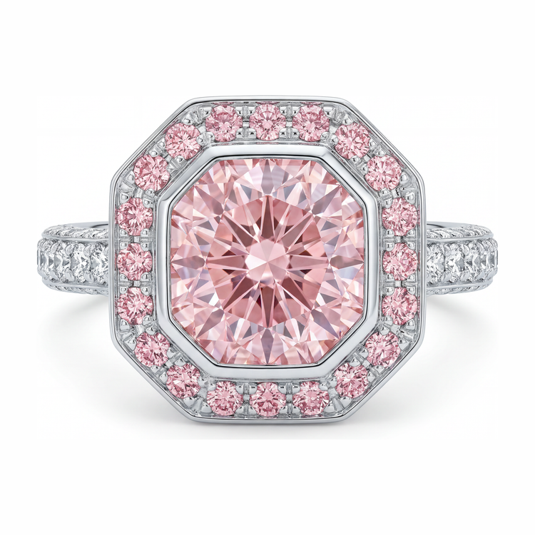 Bague de Fiançailles en Or Blanc 14 carats avec Pierre Précieuse Rose, Diamant Radiant de Laboratoire de 6 Carats et Halo