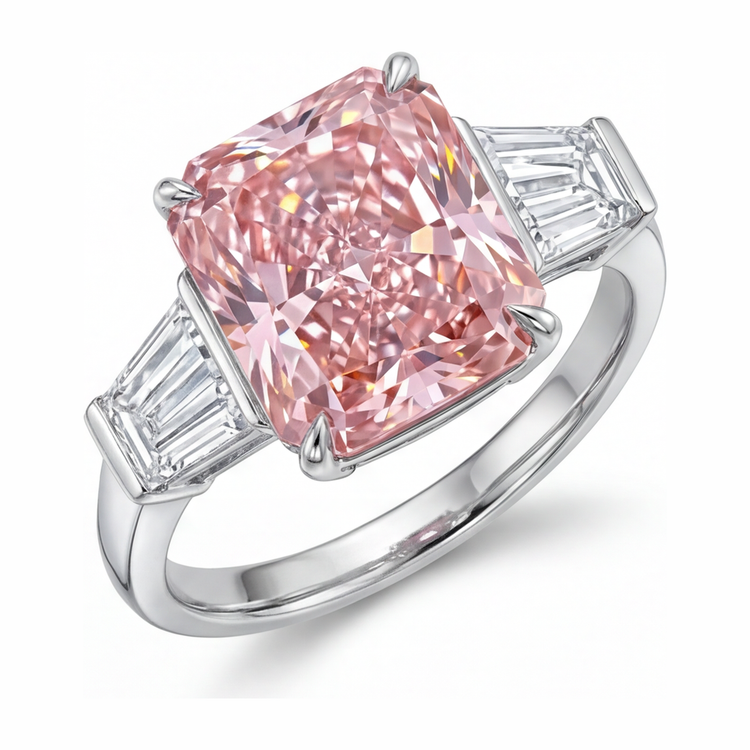 Bague trois pierres cathédrale en Or Blanc 14 carats avec diamant rose de laboratoire 6 carats taille radiant