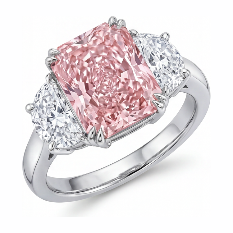 Bague trois pierres diamant rose de laboratoire 6 carats taille radiant anneau simple en Or Blanc 14 carats
