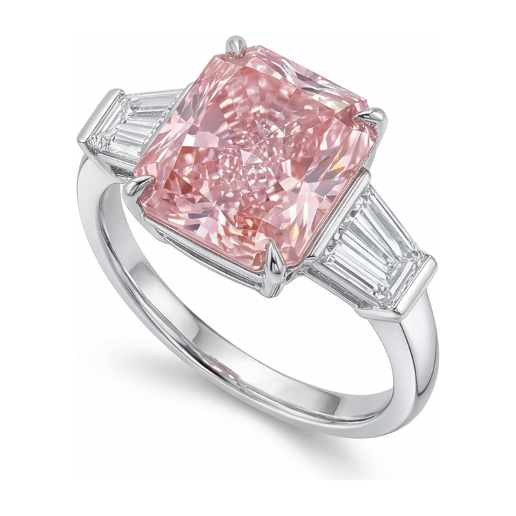Bague trois pierres cathédrale en Or Blanc 14 carats avec diamant rose de laboratoire 6 carats taille radiant