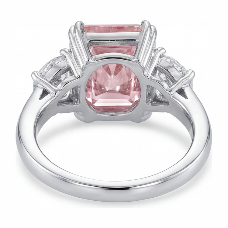 Bague trois pierres diamant rose de laboratoire 6 carats taille radiant anneau simple en Or Blanc 14 carats