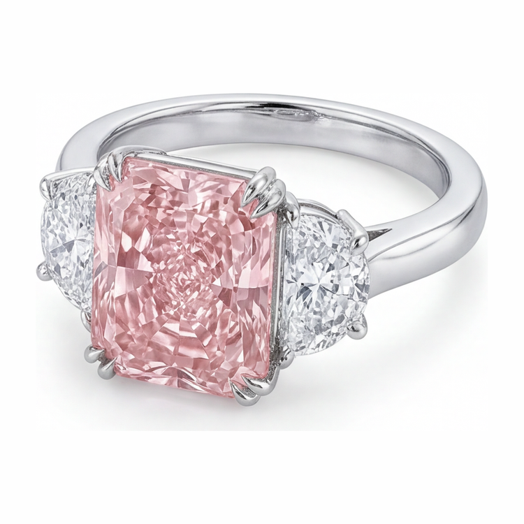 Bague trois pierres diamant rose de laboratoire 6 carats taille radiant anneau simple en Or Blanc 14 carats