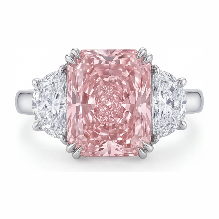 Bague trois pierres en diamant rose de laboratoire 6 carats taille radiant anneau simple en Or Blanc 14 carats