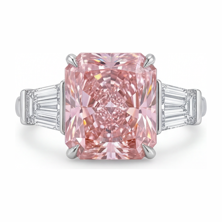Bague trois pierres cathédrale en Or Blanc 14 carats avec diamant rose de laboratoire 6 carats taille radiant