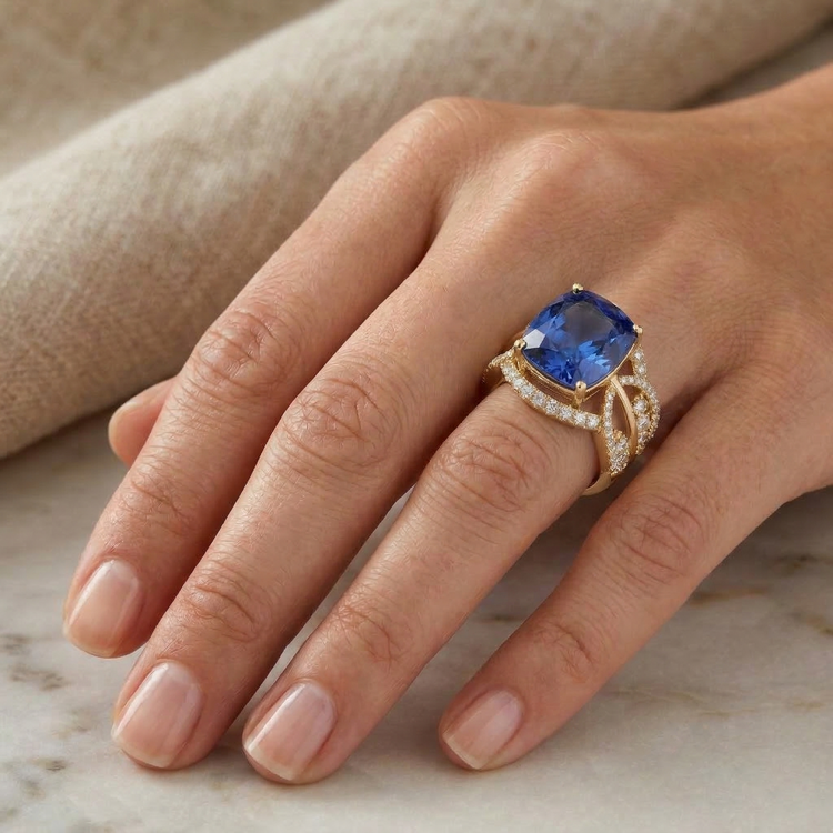6.01 ct. Coussin Sri Lanka Saphir Bleu Et Diamants Naturels Extraits des Mines ( et non cultivés en laboratoire ) Or Jaune 14K
