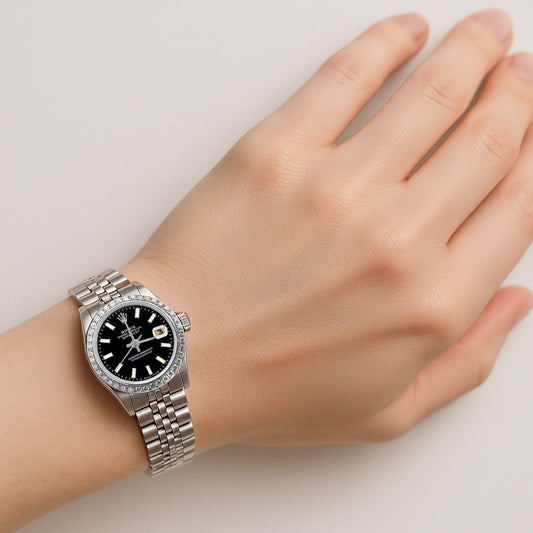 Bracelet jubilé acier inoxydable Cadran bâton noir Lunette en diamant Montre Rolex