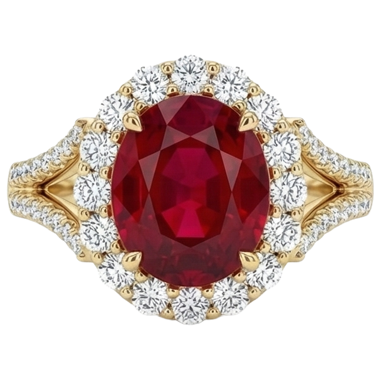 7.25 Carats Rubis Rouge Ovale Avec Diamant Naturels Extraits des Mines ( et non cultivés en laboratoire ) Alliance Or Jaune 14K